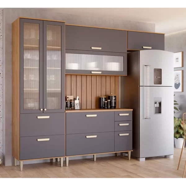 Cozinha Modulada 05 Peças 07 Portas 05 Gavetas com Painel Ripado Bella